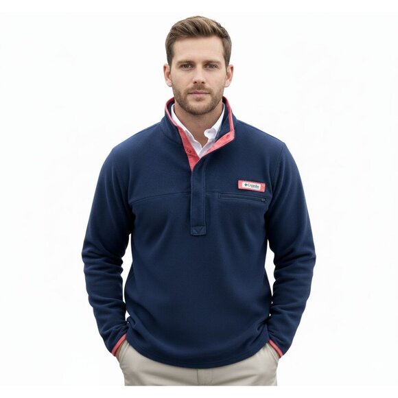 Columbia PFG Sweatshirt Mens Medium Navy Blue 1/4 Snap Pullover Mock Nec… - Picture 1 of 10